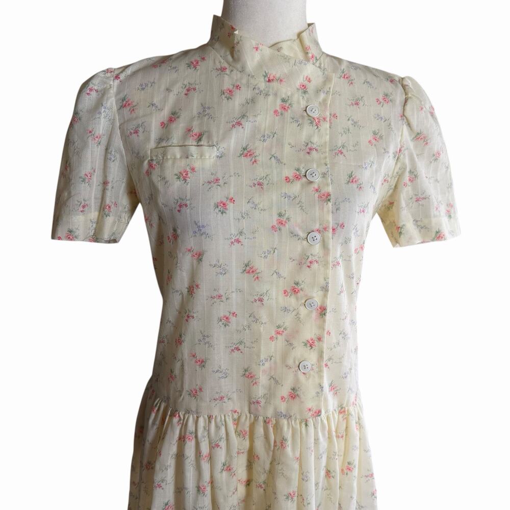 Vtg 80s Midi Dress Floral Puff Sleeves S Cottagecore Retro Feminine Schoolgirl - Picture 3 of 10